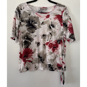 Chicos Top Size 2 Large 12 Floral Roses Print Side Tie Short Sleeve Colorful